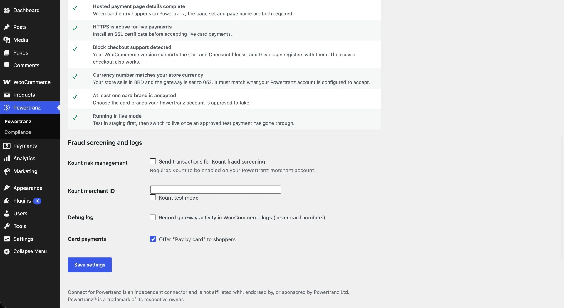 Kount fraud screening, debug log and the card payments switch