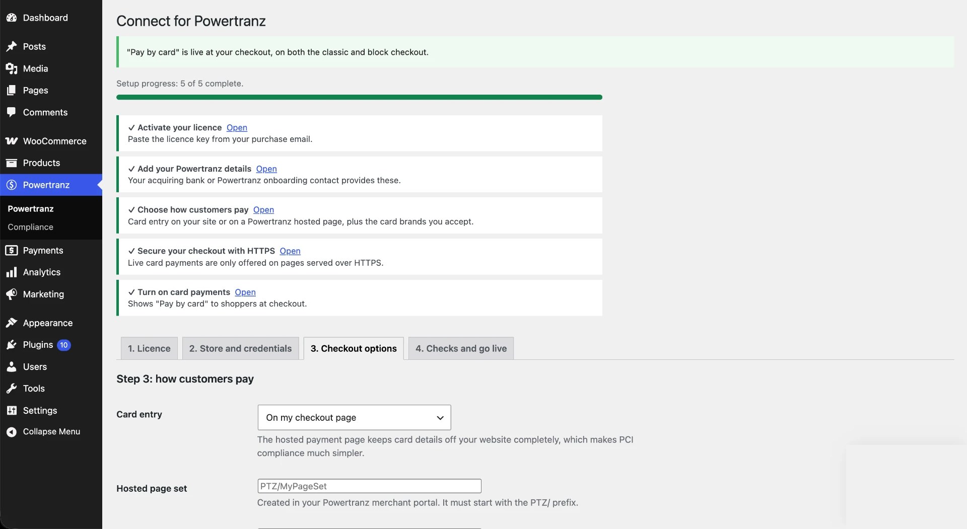 Choosing card entry, payment type, accepted cards and security checks