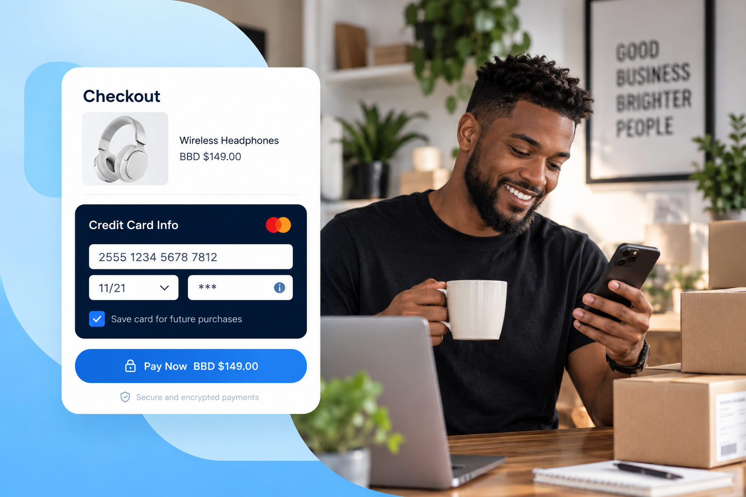 A customer paying for wireless headphones on his phone at a WooCommerce checkout, with a saved-card option and a secure Pay Now button