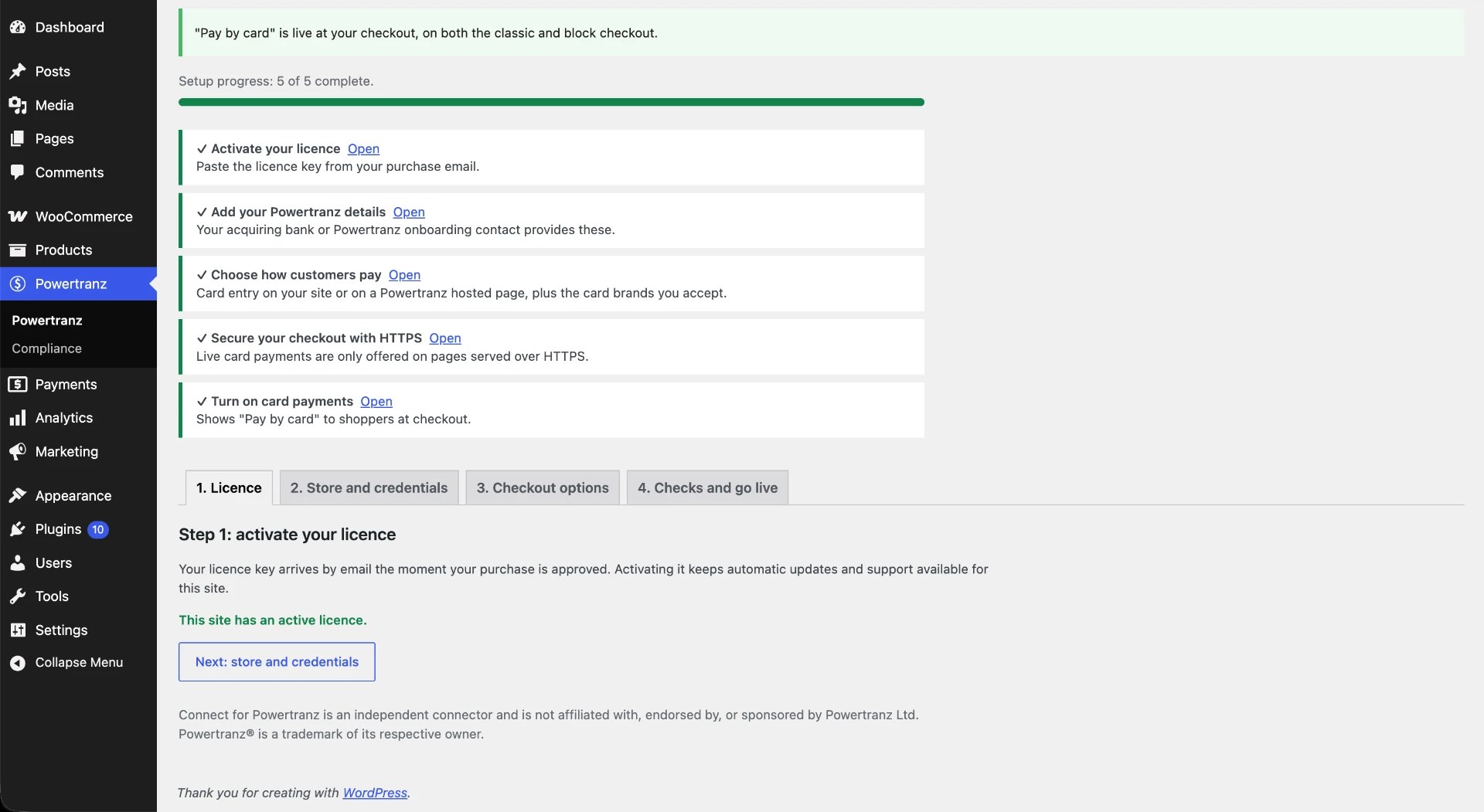 The BlueGate licence step inside WordPress